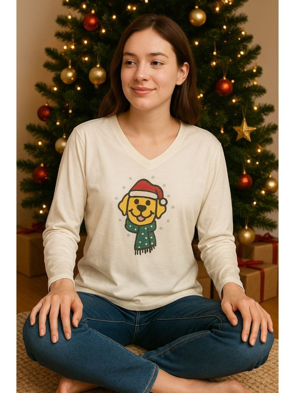 Life is Good XXL Long Sleeve Christmas Dog Tee White Cotton Holiday Graphic